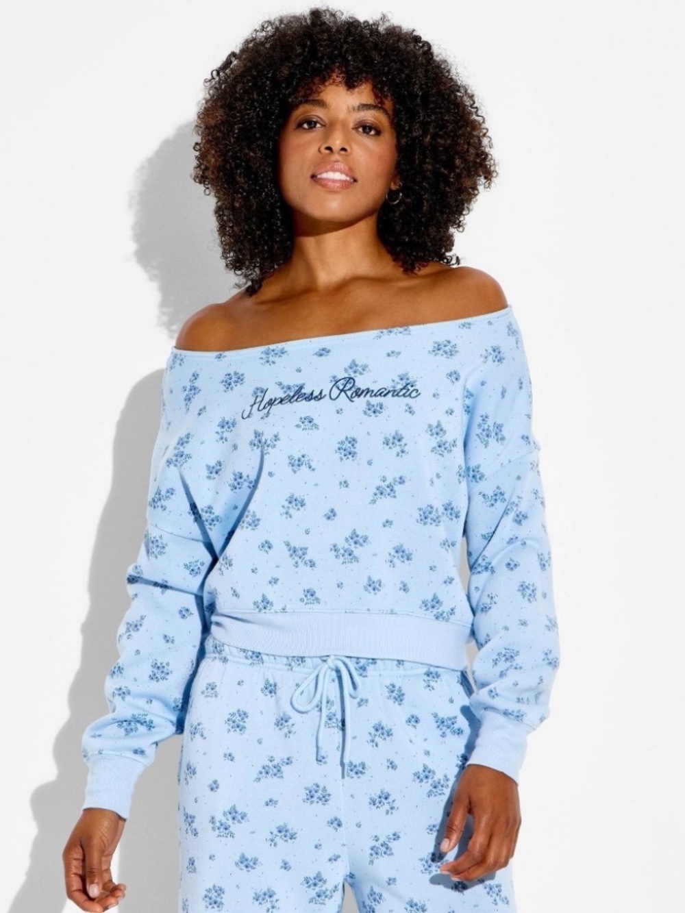 Women's Off the Shoulder Graphic Pullover Sweatshirt - Light Blue Floral L